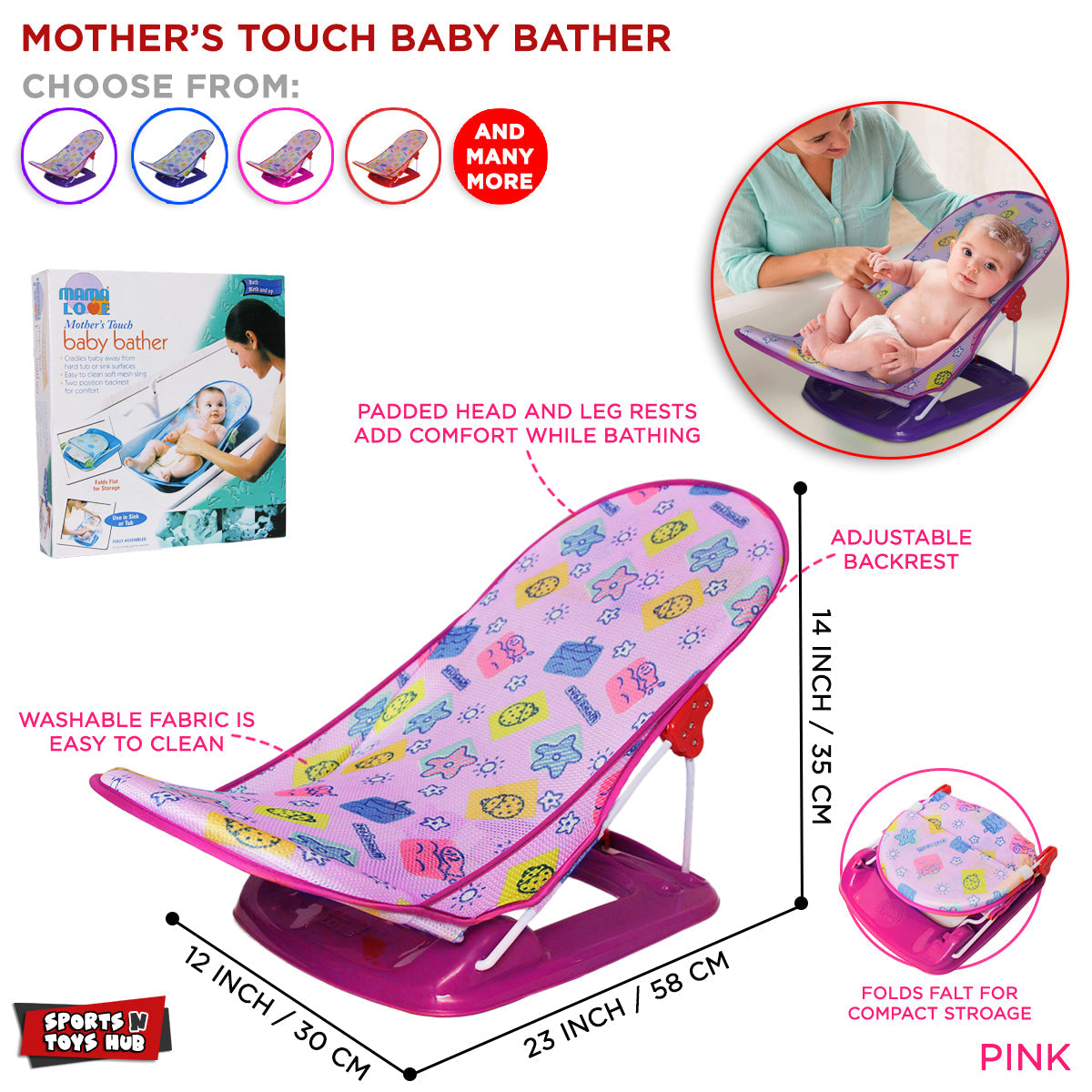 Mama Love Baby Bather | Bath Seat With Head Rest Cushion | Infant Folding Bath Seat.