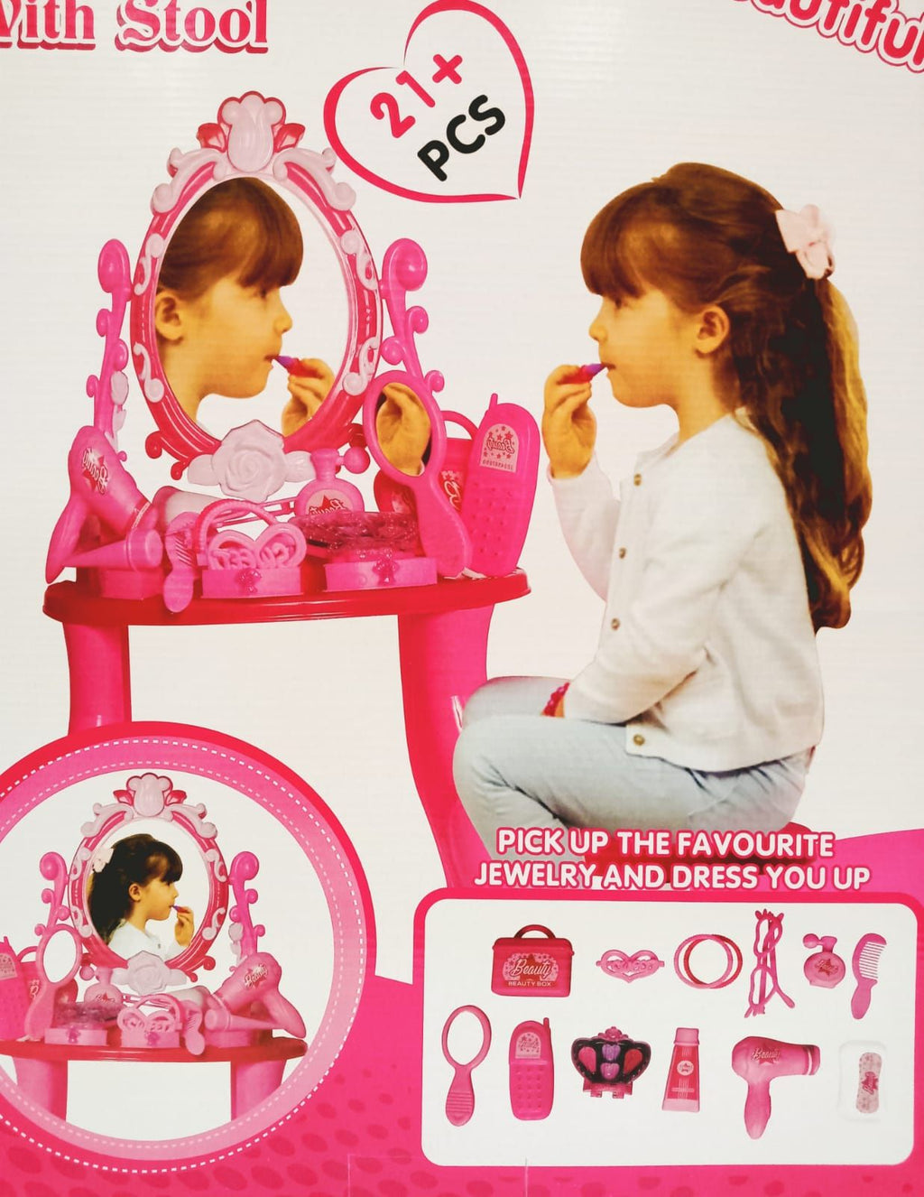 Dressing Table with Stool & Accessories | Mini Beauty Makeup Table 21 pcs Toy for Girls