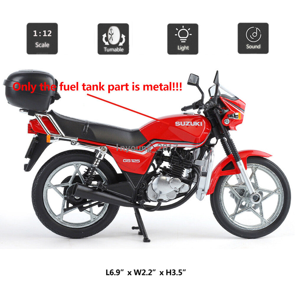 1:12 Diecast Suzuki GS125 Model Bike | Collectible Bike with Front Wheel Suspension & Lights, Sound
